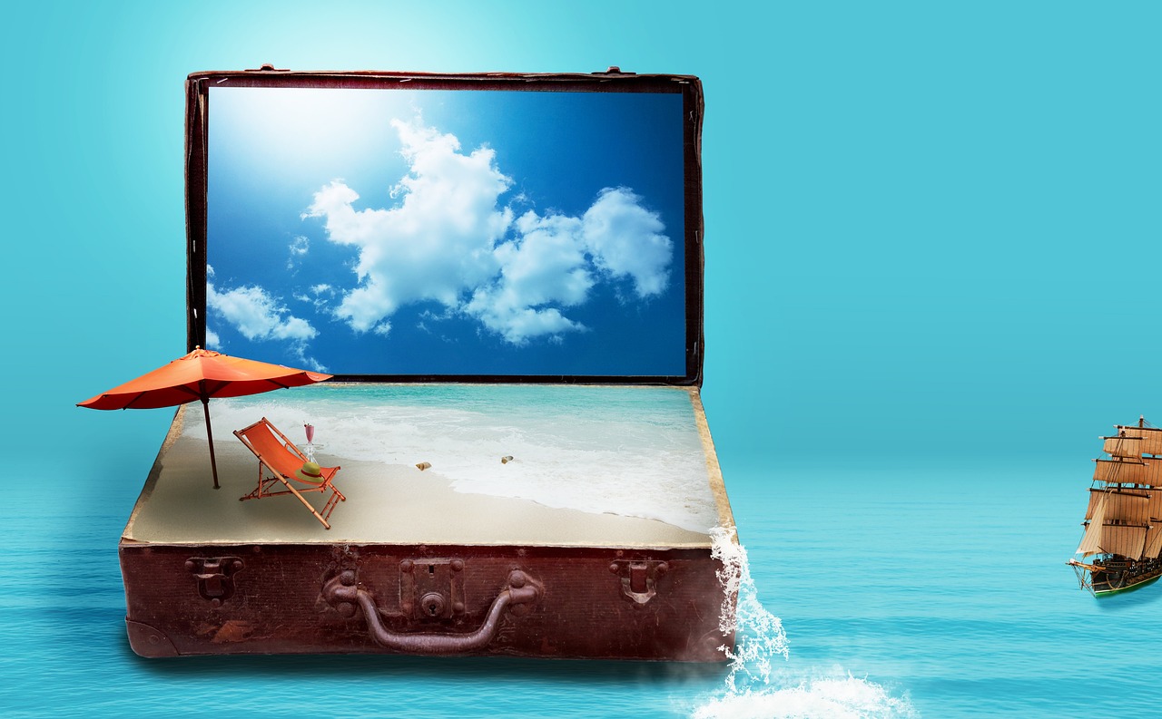 fantasy, to travel, travel, vacations, suitcase, sea, beach, luggage, dreams, nature, holiday plans, travel plans, surreal, imagination, image montage