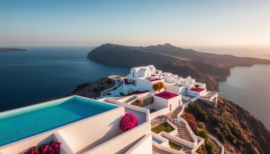 A breathtaking aerial view of luxury Santorini retreats nestled along the iconic caldera cliffs, overlooking the serene Aegean Sea. In the foreground, a pristine white villa with a private infinity pool reflects the azure sky and tranquil waters. The middle ground features a cluster of elegant, cube-shaped buildings with classic Cycladic architecture, adorned with vibrant bougainvillea blooms. In the background, the dramatic volcanic landscape rises up, casting dramatic shadows and contrasts. The scene is bathed in soft, golden hour lighting, evoking a sense of tranquility and romance. The overall composition emphasizes the seamless integration of these luxury retreats with the stunning natural beauty of Santorini.