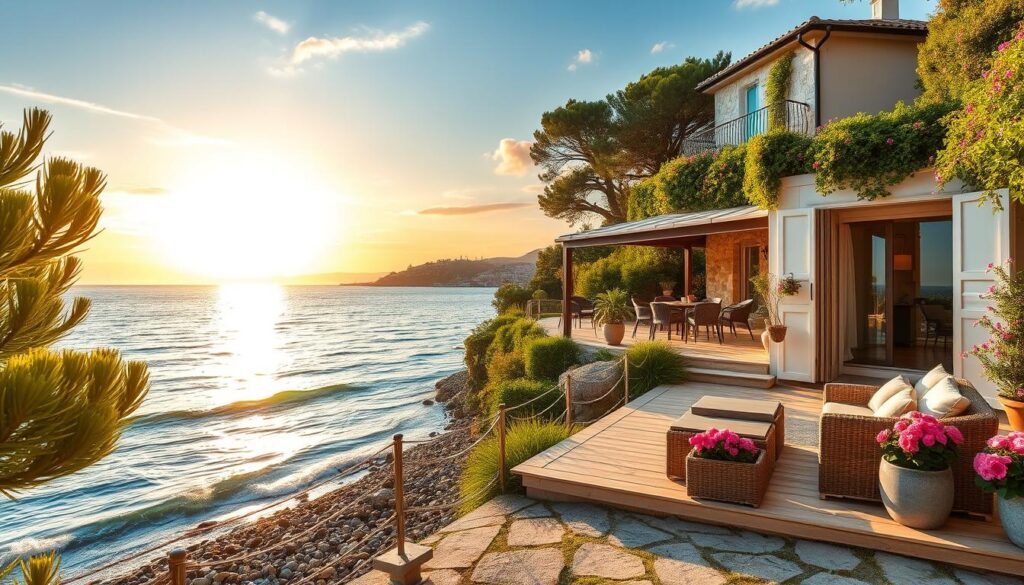 Romantic Croatia getaways in a luxury seaside villa with terrace, Mediterranean flowers, and sunset views over the Adriatic Sea.