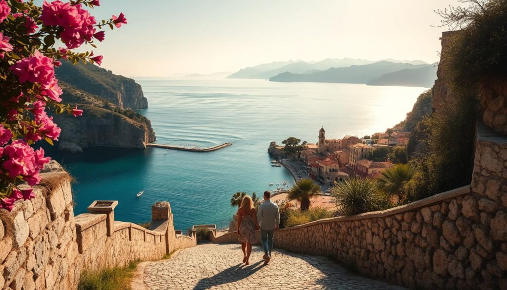 A breathtaking coastline of rugged cliffs and turquoise waters, with picturesque villages nestled along the shores of Sardinia. In the foreground, a couple strolls hand-in-hand down a cobblestone path, framed by blooming bougainvillea and ancient stone walls. The middle ground reveals a secluded cove with a private beach, where sunlight dances on the gentle waves. In the background, majestic mountains rise, their peaks capped with snow. The scene is bathed in a warm, golden glow, creating a romantic, timeless atmosphere. Captured with a wide-angle lens to showcase the grandeur of this idyllic Italian paradise, perfect for couples seeking a dreamy, intimate getaway.