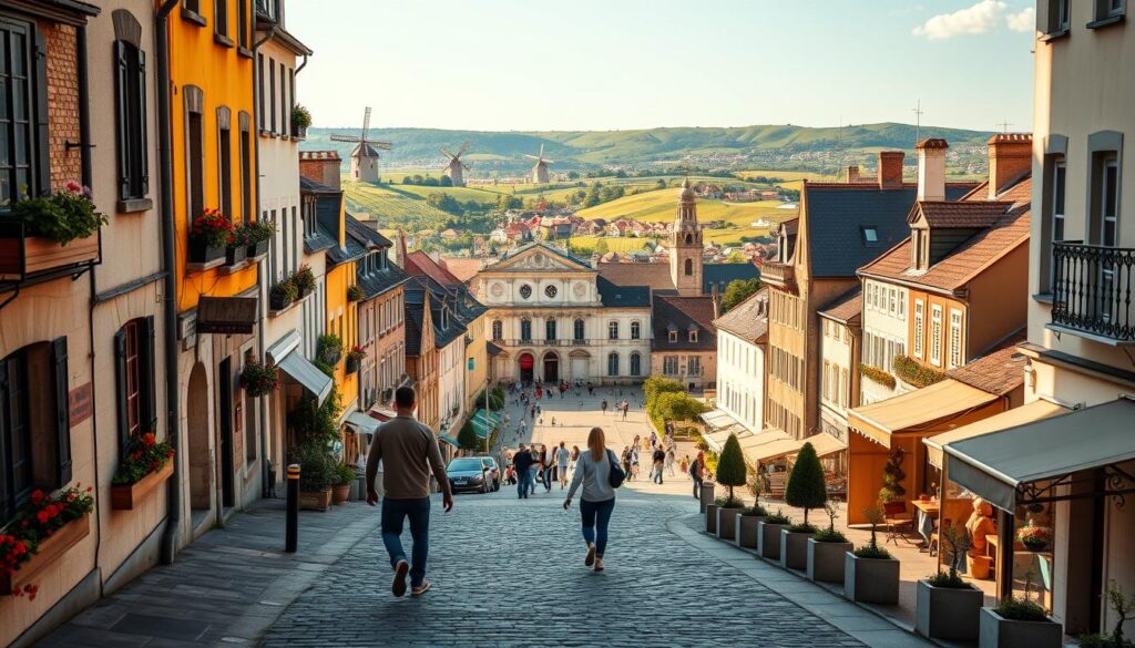 A breathtaking panorama of iconic European landmarks and charming historic streets, illuminated by warm, golden sunlight. In the foreground, a couple strolls hand-in-hand along a picturesque cobblestone path, admiring the quaint architecture and vibrant window boxes. The middle ground reveals a bustling town square, with a grand cathedral and colorful market stalls. In the background, rolling green hills dotted with windmills and vineyards create a serene, picturesque landscape. The scene exudes a sense of timeless, old-world romance and accessibility, inviting the viewer to imagine themselves exploring these budget-friendly, yet captivating European destinations.