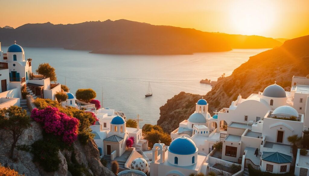 A breathtaking scene of the Greek islands, bathed in the warm glow of the setting sun. In the foreground, a picturesque whitewashed village with blue-domed churches and narrow, winding streets cascading down a rugged hillside. Clusters of bougainvillea and olive trees dotting the landscape. In the middle ground, a tranquil, azure sea laps against the rocky shores, with a small, romantic sailboat drifting in the distance. The background is dominated by a dramatic, mountainous silhouette, its peaks reaching towards the sky. The atmosphere is one of serene beauty, inviting couples to immerse themselves in the timeless charm of the Greek islands.