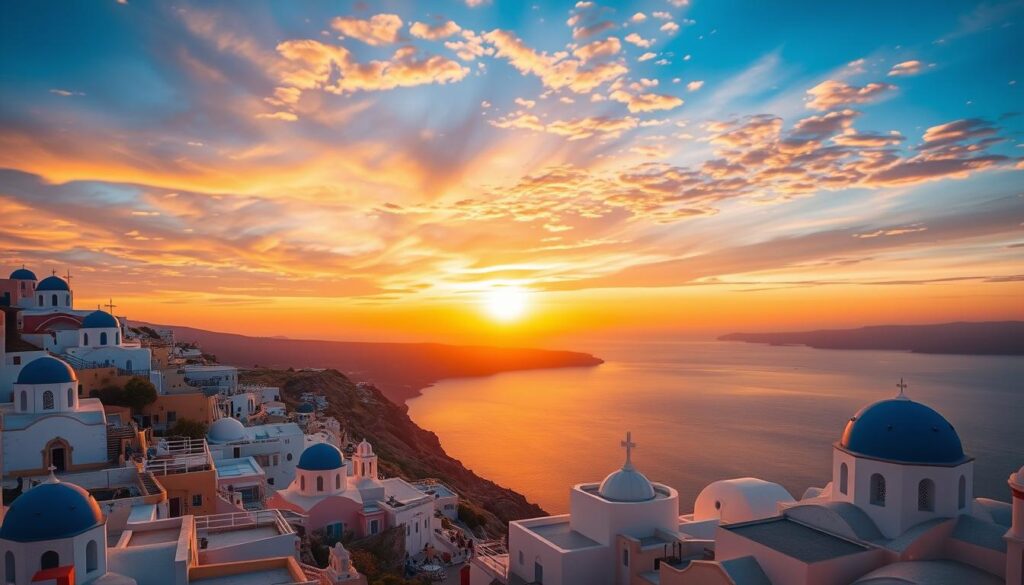 A breathtaking sunset over the picturesque island of Santorini, Greece. In the foreground, the iconic whitewashed buildings and blue-domed churches of Oia cascade down the rugged cliffs, their reflections shimmering in the tranquil Aegean Sea. The middle ground is bathed in a warm, golden glow as the sun dips below the horizon, painting the sky in a breathtaking array of oranges, pinks, and purples. In the distance, the volcanic caldera rises majestically, adding a sense of drama and mystery to the scene. The overall atmosphere is one of tranquility, romance, and the timeless beauty of the Greek islands.