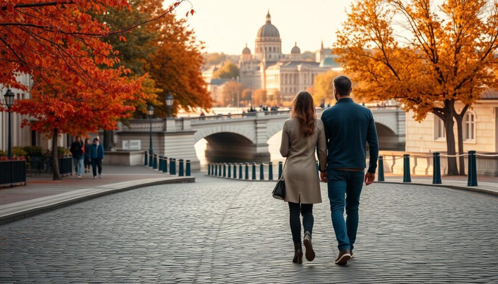 A charming autumn scene in Budapest, Hungary. In the foreground, a couple strolls hand-in-hand along the cobblestone streets, admiring the vibrant orange and red foliage lining the historic buildings. The middle ground features a picturesque river crossing, with a traditional Hungarian stone bridge and the iconic domes of the Parliament building in the distance. The background is filled with a warm, golden-hour glow, illuminating the city's timeless architecture and creating a romantic, cozy atmosphere. The image is captured through a wide-angle lens, emphasizing the scale and grandeur of the setting, while maintaining an intimate, couple-focused perspective.