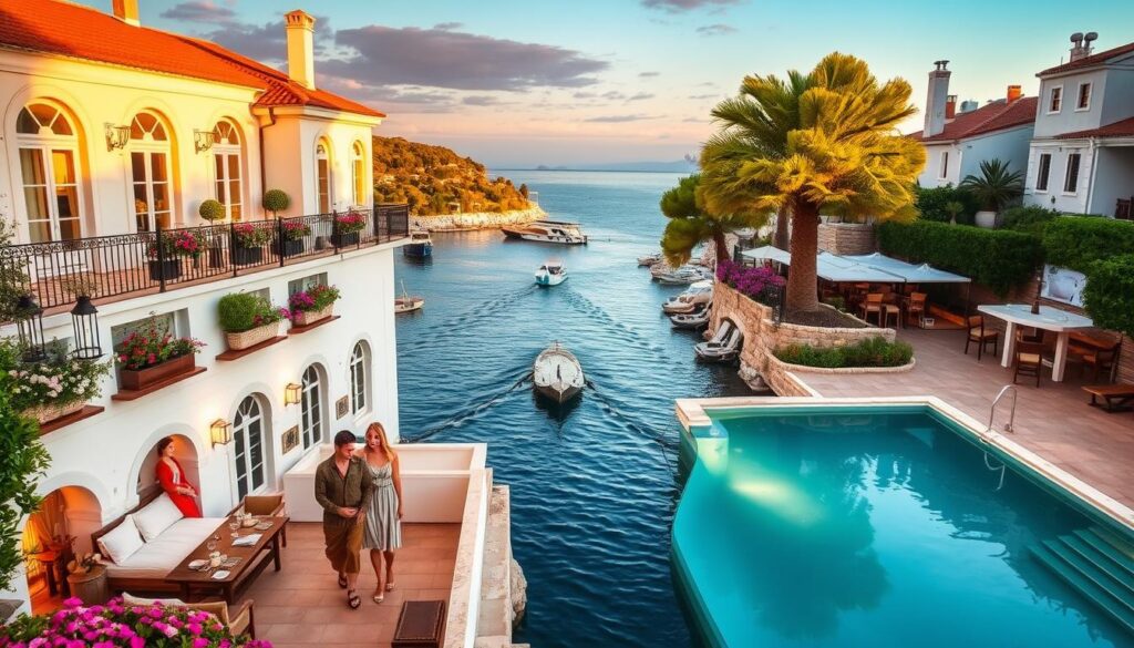 A charming seaside hotel nestled along Croatia's Adriatic coast, with a sun-drenched terrace overlooking a picturesque harbor. Elegant, whitewashed architecture with terracotta roofs and wrought-iron balconies. Lush, fragrant gardens brimming with Mediterranean flora. A tranquil, intimate atmosphere, perfect for a romantic getaway. Warm, golden lighting filters through large windows, casting a soft, romantic glow. Cozy, well-appointed guest rooms with plush bedding and private balconies. Couples strolling hand-in-hand along the hotel's private jetty, taking in the breathtaking views. A sophisticated, al fresco restaurant serving locally-sourced, gourmet cuisine. A serene, infinity pool reflecting the azure waters of the Adriatic.