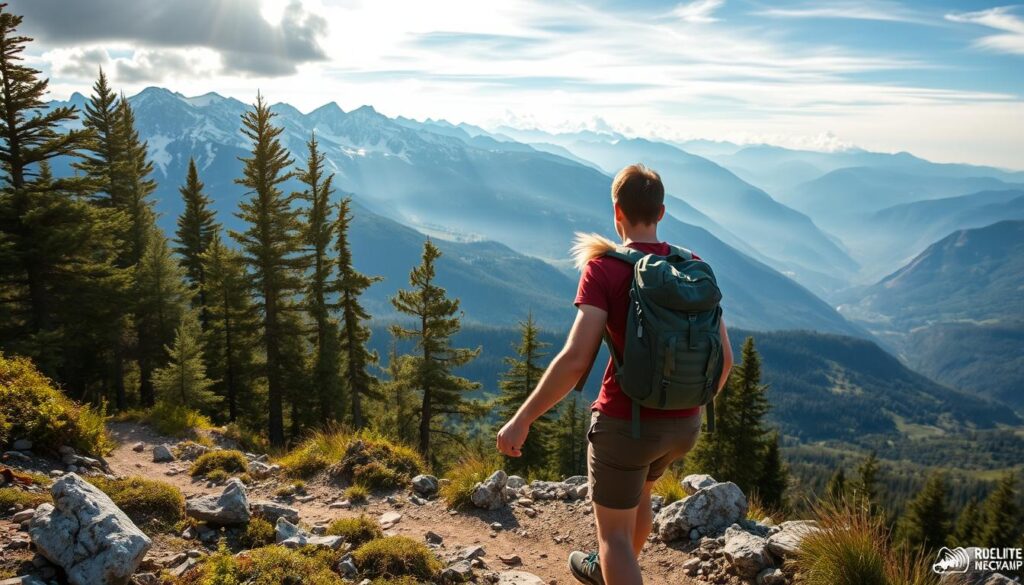 A couple traversing a rugged mountain trail, backpacks in tow, gazing out at the breathtaking vistas of snow-capped peaks and lush, verdant valleys. Sunlight filters through the wispy clouds, casting a warm, golden glow on their faces, highlighting their adventurous spirits. In the foreground, their hands intertwined, a testament to their bond as they navigate the path together. The middle ground reveals lush, towering pine trees, their branches swaying gently in the breeze. The background showcases a panoramic landscape of majestic mountains, inviting the viewer to imagine the wonders that await the couple on their journey.