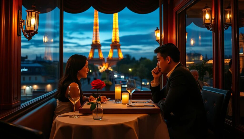 A cozy Parisian bistro illuminated by the warm glow of candlelight, with a view of the iconic Eiffel Tower in the distance. Elegant table settings with crisp white linens, delicate glassware, and a single red rose in a vase. A couple seated at a small, intimate table, lost in conversation, enjoying a romantic evening of fine French cuisine and fine wine. The atmosphere is intimate and serene, with soft jazz music playing in the background, creating the perfect ambiance for a memorable dining experience.