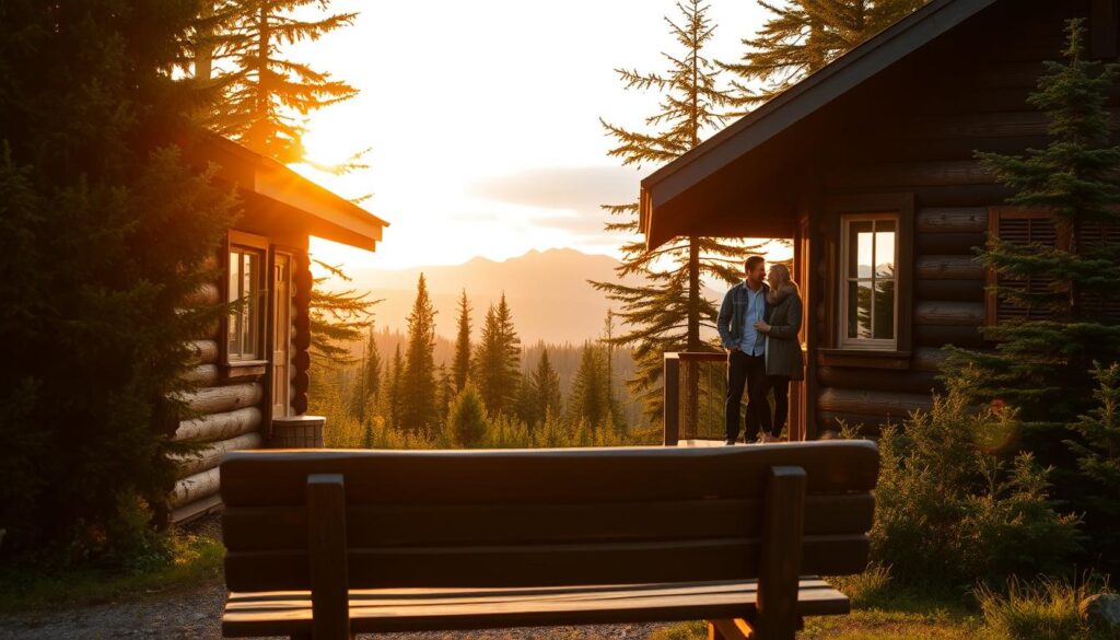 A cozy cabin nestled in a lush, evergreen forest, with a couple standing on the porch, looking out at a scenic mountain range in the distance. The warm, golden light of the setting sun casts a romantic glow over the scene. In the foreground, a weathered wooden bench invites the couple to sit and enjoy the tranquil moment together. The cabin's rustic charm and the breathtaking natural surroundings evoke a sense of adventure and peaceful solitude, capturing the essence of a harmonious couple's travel experience.