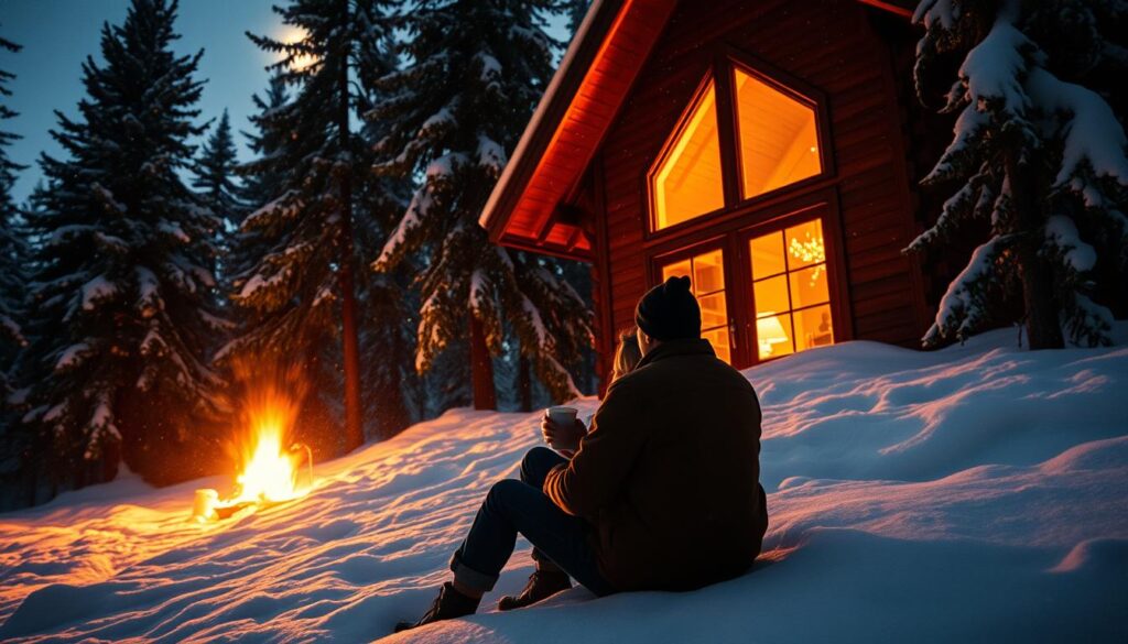 A cozy cabin nestled in a snow-covered forest, its warm glow spilling out from the windows onto the crisp, November landscape. In the foreground, a couple sipping hot cocoa by the crackling fireplace, their silhouettes illuminated by the soft, amber light. Outside, a gentle snowfall dances in the moonlight, casting a serene, romantic atmosphere. The cabin is surrounded by towering pine trees, their branches dusted with a layer of pristine white snow. The scene is captured through a wide-angle lens, with a shallow depth of field that draws the viewer's eye to the intimate moment between the couple. A cozy cabin nestled in a snow-covered forest, its warm glow spilling out from the windows onto the crisp, November landscape. In the foreground, a couple sipping hot cocoa by the crackling fireplace, their silhouettes illuminated by the soft, amber light. Outside, a gentle snowfall dances in the moonlight, casting a serene, romantic atmosphere. The cabin is surrounded by towering pine trees, their branches dusted with a layer of pristine white snow. The scene is captured through a wide-angle lens, with a shallow depth of field that draws the viewer's eye to the intimate moment between the couple.