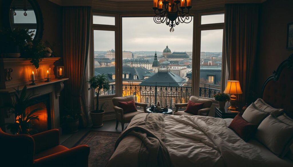 A cozy, candle-lit Viennese apartment overlooking the city's historic rooftops. Warm, amber lighting bathes the plush, velvet-upholstered furniture and ornate, antique decor. A crackling fireplace casts a gentle glow, while lush, verdant plants and an open balcony door hint at the picturesque autumn scenery outside. A luxurious, king-size bed is draped in soft, luxurious linens, inviting couples to snuggle and take in the romantic atmosphere. The scene is framed by elegant, floor-to-ceiling windows that offer sweeping views of Vienna's iconic architecture and the dimly lit streets below.