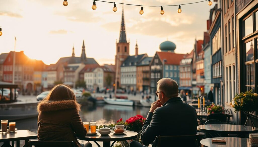 A cozy, intimate scene in the heart of Copenhagen. The foreground features a charming cafe with couples sipping coffee and sharing pastries, surrounded by the warm glow of string lights. In the middle ground, a canal with colorful, quaint buildings lining the banks, their reflections dancing in the still water. The background is framed by towering spires and domes of historic churches, bathed in the soft, golden hue of the setting sun. The overall atmosphere is one of romantic tranquility, inviting couples to savor the magic of this enchanting Nordic city.