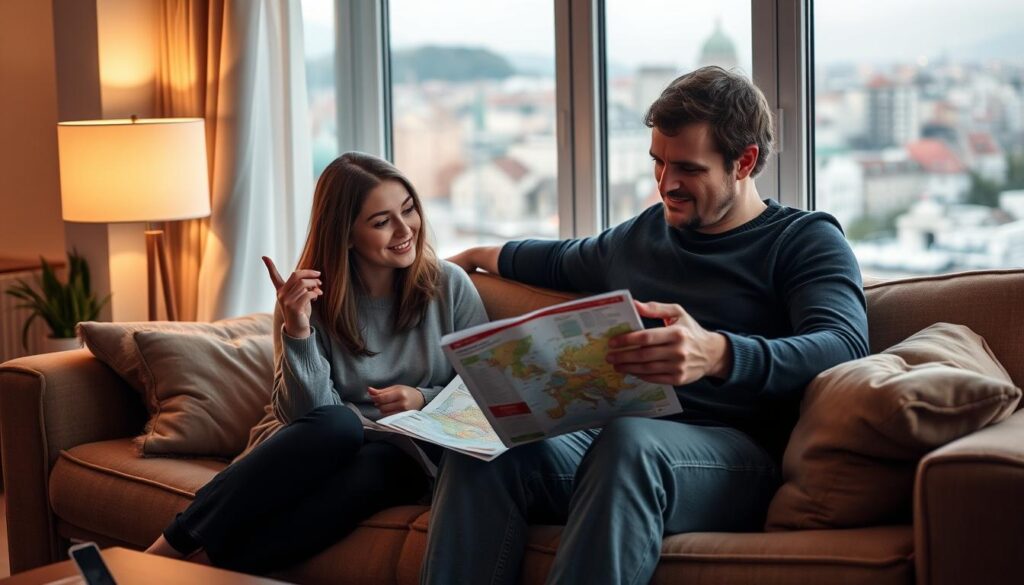 A cozy living room with a couple sitting on a plush sofa, poring over a map and travel guides. Soft lighting from a nearby lamp casts a warm glow, creating an intimate atmosphere. The woman gestures animatedly, while the man listens intently, their body language indicating collaborative planning. In the background, a large window overlooks a picturesque cityscape, hinting at their future travel destination. The scene conveys a sense of partnership and individual exploration, aligning with the article's theme of "Plan Together, But Maintain Individual Space".