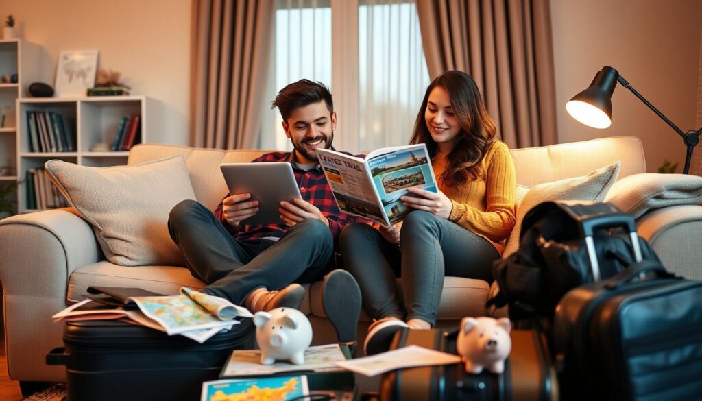 A cozy living room with a couple sitting on a plush sofa, poring over a travel guide and a laptop, surrounded by a scattering of travel brochures, map, and a piggy bank. Warm, soft lighting illuminates the scene, creating a relaxed, intimate atmosphere. The couple's expressions are thoughtful as they plan their budget-friendly getaway, their suitcases and backpacks at their feet, hinting at the adventure to come.
