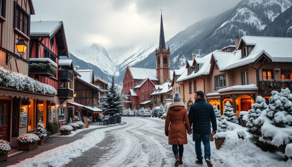 A cozy, snow-covered European village nestled in a picturesque valley, with quaint cobblestone streets, charming cafes, and twinkling lights in the windows. In the foreground, a couple strolls hand-in-hand, bundled up in warm winter attire, their breath visible in the crisp air. The middle ground features a historic cathedral with a steeple reaching towards the sky, surrounded by a dusting of snow. In the background, snow-capped mountains rise up, casting a serene and magical atmosphere over the scene. The lighting is soft and warm, creating a romantic and enchanting ambiance.