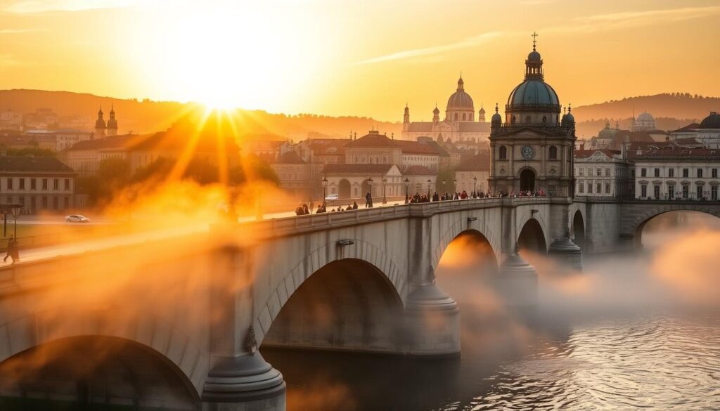A dreamy, romantic sunrise over the iconic Charles Bridge in Prague. Soft golden light illuminates the historic stone arches and intricate architectural details, casting warm reflections in the Vltava River below. Pedestrians stroll leisurely across the bridge, taking in the serene atmosphere and breathtaking views of the city's spires and domes in the distance. Mist gently swirls around the bridge, adding a sense of timeless enchantment. The scene evokes a feeling of tranquility and wonder, perfectly capturing the fairytale charm of this magical moment in Prague.