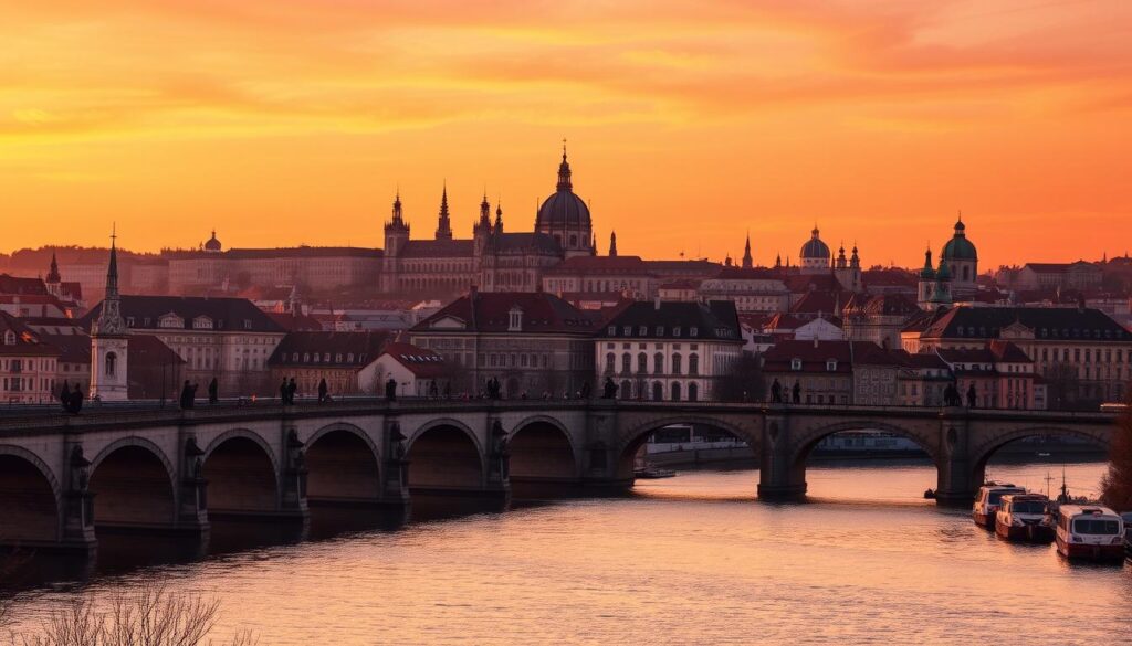 A grand medieval skyline of Prague, the "City of a Hundred Spires", illuminated by a warm golden hour glow. In the foreground, the iconic Charles Bridge stretches across the serene Vltava River, its gothic arches and baroque statues casting long shadows. In the middle ground, the majestic Prague Castle complex rises, its spires and towers reaching skyward. In the background, the Old Town's steepled rooftops and church domes are silhouetted against a vibrant orange-pink sunset sky. The scene exudes a sense of timeless, fairy-tale charm, inviting the viewer to imagine the city's rich history and the romantic stories that have unfolded here over the centuries.