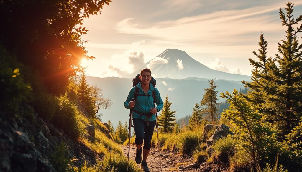 A hiking couple traverses a rugged mountain trail, their backpacks and hiking poles indicating a spirit of adventure. Sunlight filters through the lush, verdant foliage, casting a warm, golden glow over the scene. In the distance, a majestic peak rises, its snow-capped summit framed by wispy clouds. The couple's expressions convey a sense of wonder and shared discovery, their body language suggesting a harmonious partnership as they navigate the challenges of the trail together. The overall mood evokes a feeling of tranquility and the joy of exploring the great outdoors as a team.
