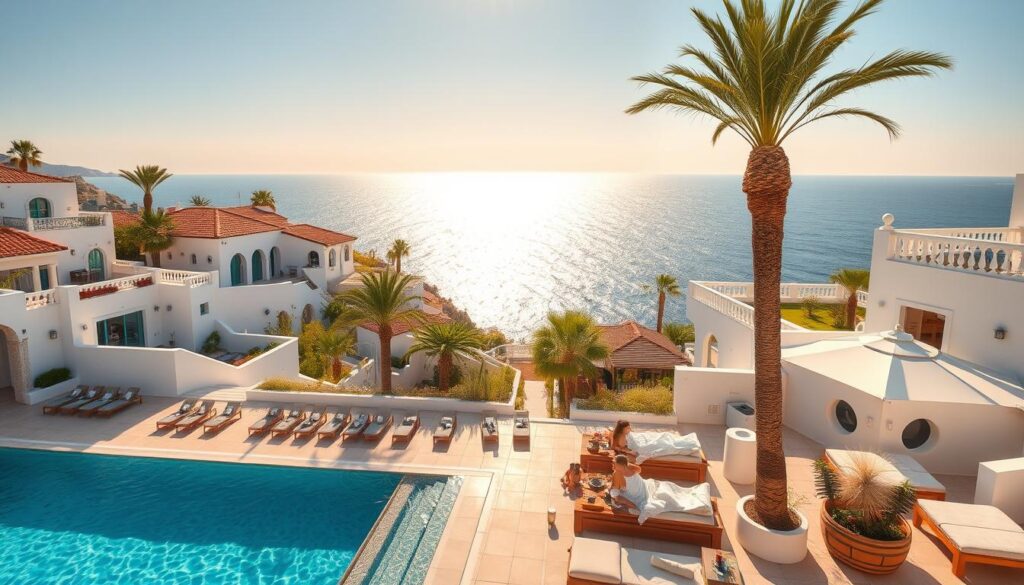 A luxurious seaside resort nestled in the picturesque town of Porto Heli, Greece. Elegant whitewashed buildings with terracotta roofs cascade down the hillside, framed by swaying palm trees and the sparkling azure waters of the Aegean Sea. Guests lounge by the infinity pool, sipping chilled cocktails as they gaze out over the shimmering horizon. Nearby, a private beach provides a serene oasis, with plush cabanas and attentive service. The interiors of the hotels exude refined Mediterranean style, with crisp linens, ornate chandeliers, and tasteful artwork adorning the walls. Warm, golden sunlight filters through large windows, casting a soft, romantic glow over the entire scene. This is a tranquil, exclusive retreat for couples seeking a luxurious and picturesque escape in mainland Greece.