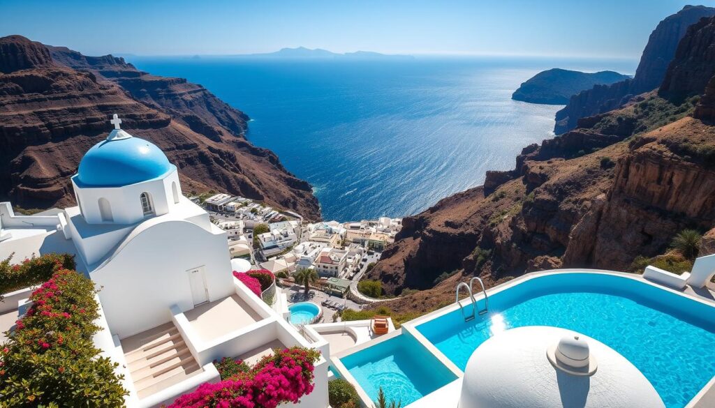 A majestic, sun-drenched scene of Santorini's iconic cliffside luxury hotels. In the foreground, a pristine white-washed structure with a charming blue-domed roof reflects in a tranquil infinity pool, surrounded by lush, vibrant flora. The middle ground reveals a picturesque village cascading down the volcanic slopes, with cobblestone streets and charming local shops. In the background, the deep, sparkling azure of the Aegean Sea meets the cerulean sky, accented by rugged, dramatic cliffs. The overall atmosphere is one of elegant sophistication, serene relaxation, and the quintessential Greek island charm, perfect for a romantic, honeymoon-worthy getaway.