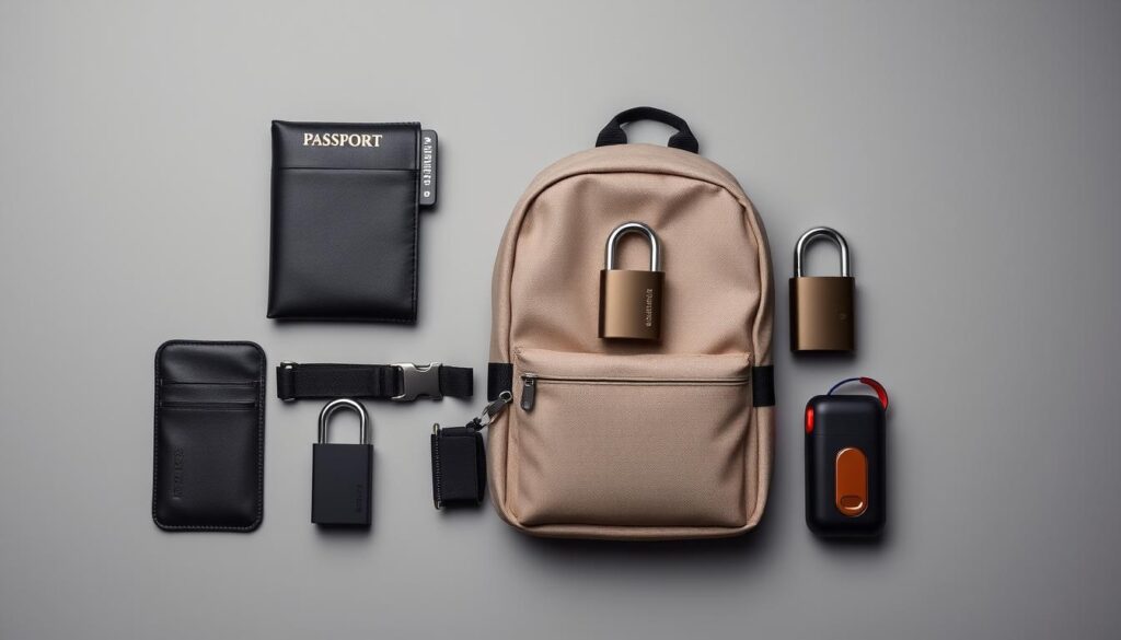 A neatly arranged collection of travel security essentials, including a sleek RFID-blocking passport wallet, a concealed money belt, a discreet anti-theft backpack, a sturdy combination lock, a compact portable charger, and a vigilant-looking security whistle, all illuminated by warm directional lighting against a minimalist grey background, conveying a sense of preparedness and confidence for the discerning traveler.