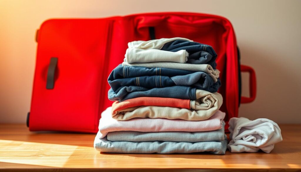 A neatly folded pile of clothes sits atop a wooden surface, with a vibrant red suitcase open beside it. Clothing items, such as t-shirts, jeans, and socks, are carefully rolled and arranged in a compact, space-saving manner. The lighting is warm and natural, creating a cozy, organized atmosphere. The camera angle is slightly elevated, providing a clear view of the packing technique. In the background, a neutral-toned wall or backdrop complements the scene, allowing the space-saving packing process to be the focal point.