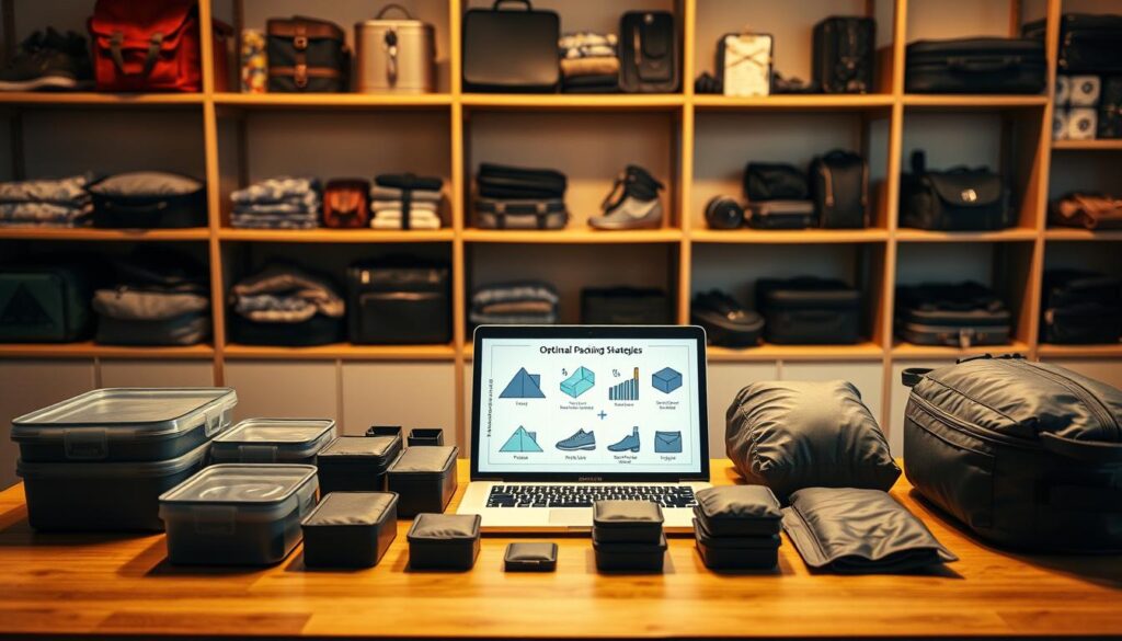A neatly organized workspace with a table showcasing various packing techniques. In the foreground, different sized containers, cubes, and compression bags are meticulously arranged, demonstrating space-saving methods. The middle ground features a laptop displaying an infographic on optimal packing strategies, with geometric shapes and diagrams. The background has shelves filled with travel accessories, luggage, and organizational tools, all bathed in warm, directional lighting that casts subtle shadows, creating a sense of depth and professionalism. The overall atmosphere is one of efficiency, practicality, and a touch of minimalism, inviting the viewer to explore the science behind effective packing.