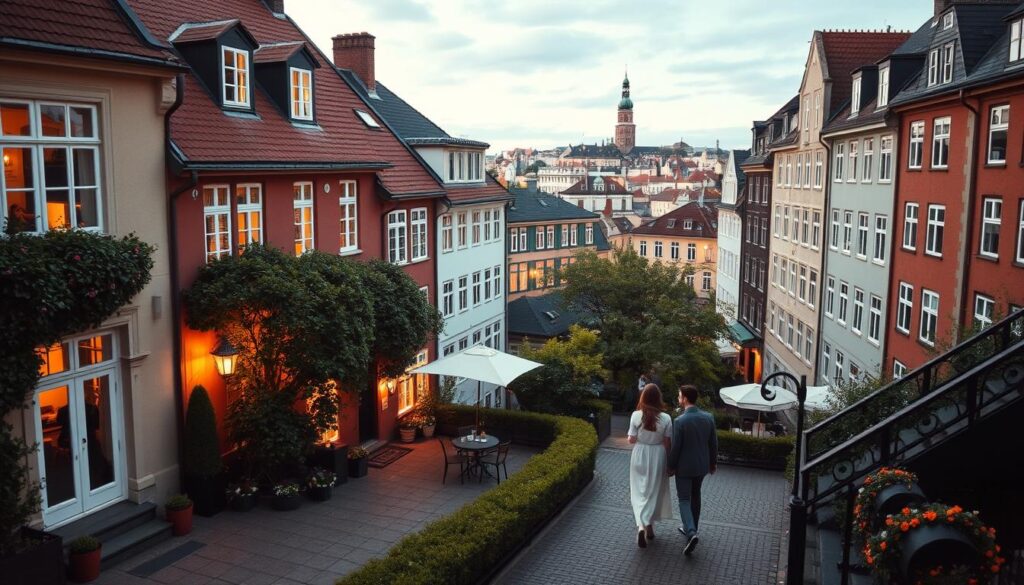 A picturesque Copenhagen hotel set against the charming cityscape, featuring a cozy courtyard with romantic lighting and lush greenery. The hotel's facade showcases Scandinavian architecture with warm, inviting tones. In the foreground, a couple walks hand-in-hand, admiring the view of the historic city. The scene is bathed in a soft, golden glow, creating an intimate and serene atmosphere. The overall composition evokes a sense of tranquility and intimacy, perfectly capturing the essence of a romantic Nordic getaway.
