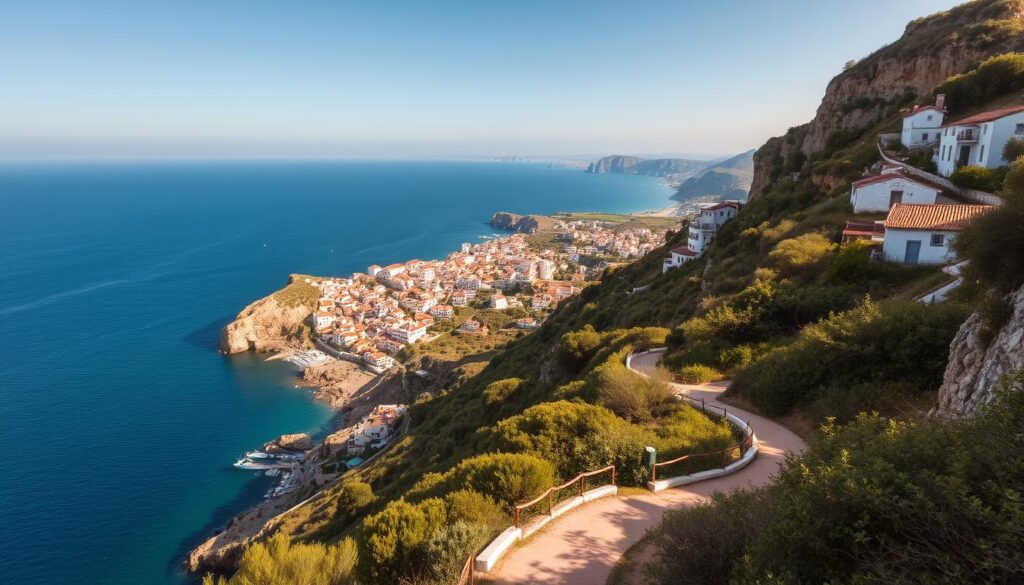 A picturesque Mediterranean coastline unfolds, with dramatic cliffs rising from the cerulean waters. Quaint coastal villages dot the landscape, their whitewashed buildings and terracotta roofs basking in the warm, golden sunlight. Lush, verdant foliage cascades down the rugged hills, creating a harmonious blend of land and sea. In the foreground, a winding coastal path invites exploration, leading the viewer on a journey of discovery. The scene is captured through a wide-angle lens, offering a sweeping, panoramic view that conveys the vastness and grandeur of Portugal's stunning Mediterranean horizon. The overall mood is one of tranquility, romance, and a sense of timeless beauty.