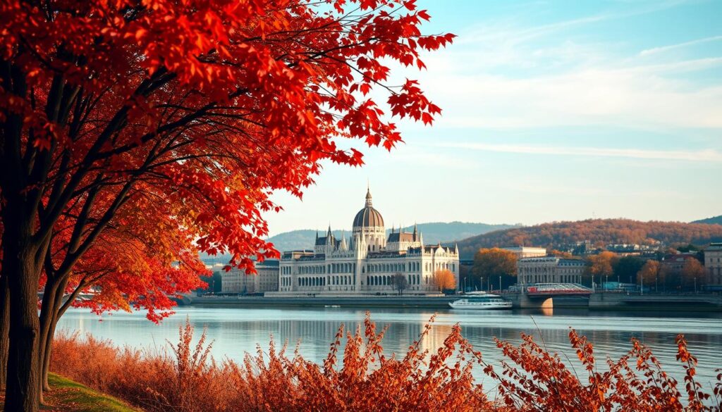 A picturesque autumn scene in Budapest, Hungary. In the foreground, vibrant red and gold leaves adorn the trees lining the Danube River, their reflections dancing on the calm waters. In the middle ground, the iconic architecture of the city comes into view - the stunning Hungarian Parliament Building and the Chain Bridge, their stately facades bathed in warm, golden light. In the background, the rolling hills of Buda rise up, their slopes blanketed in a patchwork of autumnal hues. The sky is a soft, hazy blue, with wispy clouds adding to the serene, romantic atmosphere. A low, soft-focus lens captures the scene, emphasizing the cozy, intimate mood of Budapest in the fall.