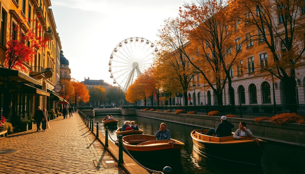 A picturesque autumn scene in Vienna, Austria. In the foreground, a cobblestone street lined with charming cafes and historical buildings, their facades adorned with vibrant orange, red, and yellow foliage. Mid-ground, a tranquil canal with traditional Viennese rowboats, their passengers admiring the city's stunning architecture. In the background, the majestic Ferris wheel of the Prater park, its silhouette against a golden, sun-dappled sky. Soft, warm lighting creates a cozy, romantic atmosphere, inviting viewers to imagine strolling hand-in-hand with a loved one through this enchanting urban oasis.