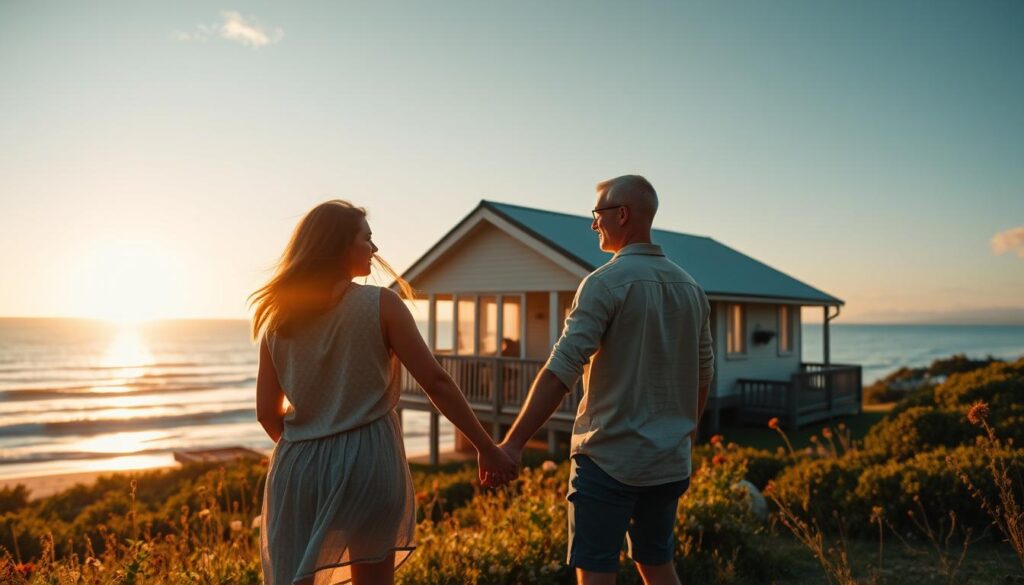 A picturesque couples' vacation scene set against a serene coastal backdrop. In the foreground, two people holding hands and gazing at the sunset, their faces aglow with joy and contentment. The middle ground features a cozy seaside cottage with a wraparound porch, surrounded by lush greenery and wildflowers. In the background, a vast expanse of the ocean stretches out, its gentle waves lapping at the shore. The lighting is soft and warm, creating an intimate, romantic atmosphere. The overall composition evokes a sense of tranquility, togetherness, and the creation of cherished memories.