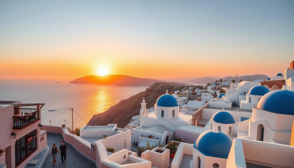 A picturesque hillside town nestled among the azure Aegean, Santorini's iconic white-washed buildings and blue-domed churches bathed in golden hour light. In the foreground, a quaint alleyway winds between charming cafes and boutiques, couples strolling hand-in-hand. In the middle ground, the famous caldera cliffs plunge into the shimmering sea, a dazzling sunset painting the sky in vibrant hues of orange and pink. In the distance, the rolling hills of the island's interior fade into the horizon, creating a serene, romantic atmosphere perfect for intimate moments between lovers.