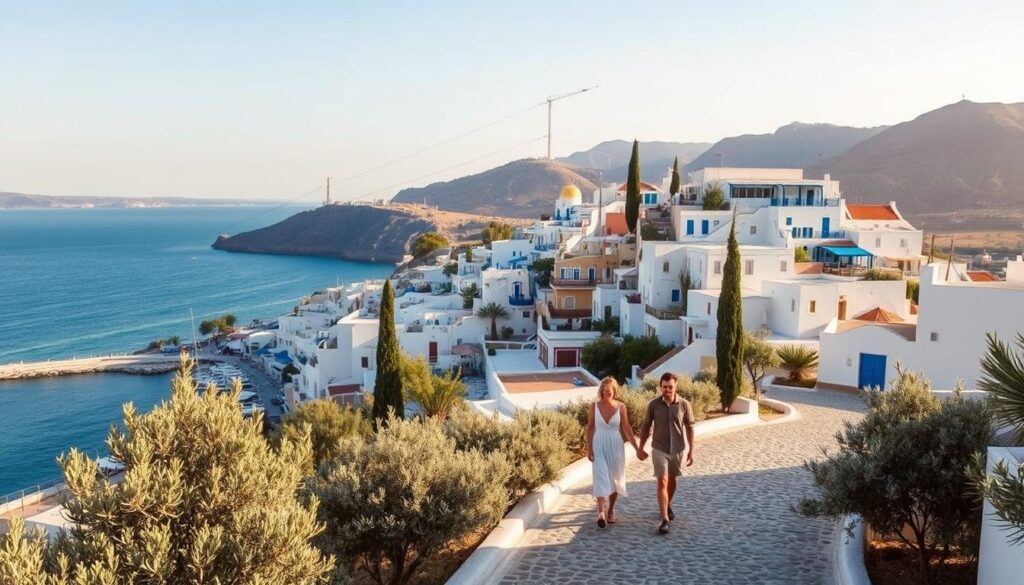 A picturesque seaside town nestled in the heart of mainland Greece, sun-drenched whitewashed buildings with vibrant blue accents cascading down a hillside, overlooking a tranquil harbor. In the foreground, a couple strolls hand-in-hand along a cobblestone promenade, taking in the serene Mediterranean atmosphere. Lush olive groves and cypresses frame the scene, with distant rolling hills and a deep azure sky as the backdrop. Warm, golden-hour lighting casts a romantic glow, highlighting the couple's intimate moments. Capture the essence of Greece's timeless beauty and the allure of its most idyllic mainland destinations, perfect for a couple's retreat.