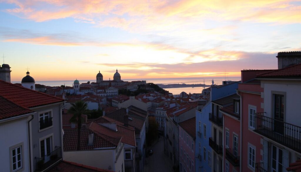 A picturesque sunset over the historic Alfama district of Lisbon, Portugal. In the foreground, narrow cobblestone streets wind between charming pastel-colored buildings, their tiled roofs and wrought-iron balconies bathed in warm golden light. In the middle ground, the iconic domed roofs and bell towers of churches and monasteries dot the landscape, their silhouettes casting long shadows across the hilly terrain. In the distance, the shimmering waters of the Tagus River reflect the vibrant colors of the sky, which is ablaze with hues of orange, pink, and purple. A sense of timeless tranquility and old-world romance permeates the scene, inviting the viewer to lose themselves in the beauty of this historic Mediterranean horizon.