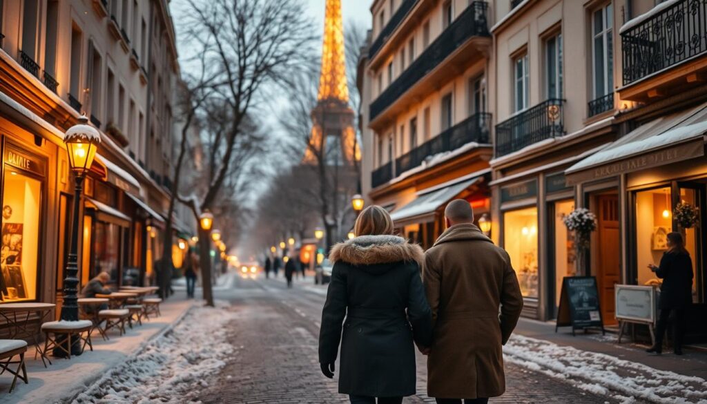 A quaint Parisian street blanketed in snow, with charming cafes and boutiques lining the cobblestone sidewalks. In the foreground, a cozy couple strolls hand-in-hand, bundled in warm winter coats, gazing up at the twinkling lights of the Eiffel Tower in the distance. The warm glow of street lamps and the soft, diffused light of a winter sunset cast a romantic, dreamy atmosphere over the scene. The architecture is classic Haussmannian, with ornate facades and wrought-iron balconies. A dusting of snow adds a touch of magic, as if the city has been transformed into a winter wonderland.