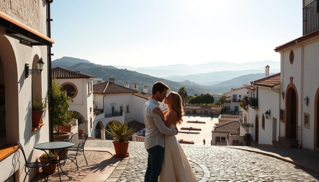 A romantic Spanish getaway amidst the rolling hills and whitewashed buildings of a picturesque Andalusian town. The foreground features a couple embracing on a cobblestone street, their silhouettes framed by a cozy cafe with wrought-iron tables and potted plants. In the middle ground, a sun-dappled plaza opens up, surrounded by charming architecture with red-tiled roofs. The background showcases a stunning mountainous landscape, bathed in warm, golden light and hazy, romantic atmosphere. The overall scene evokes a sense of tranquility, intimacy, and the allure of a leisurely, passion-filled retreat in the heart of Spain.