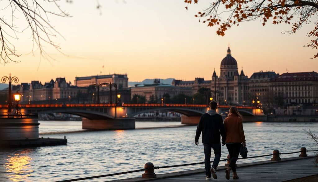 A romantic autumn evening in Budapest, Hungary. The Danube River flows serenely, its waters reflecting the warm glow of lanterns lining the Buda and Pest riverbanks. In the foreground, a couple strolls hand-in-hand, admiring the historic architecture illuminated by the soft, golden light. In the middle ground, the iconic Chain Bridge connects the two sides of the city, its stone arches framing the skyline. In the background, the spires of the Buda Castle and the dome of the Hungarian Parliament Building stand tall, creating a picturesque silhouette against the dimming sky. The air is crisp, and a hint of fall foliage adds a touch of warmth to the scene, evoking a sense of tranquility and romance.