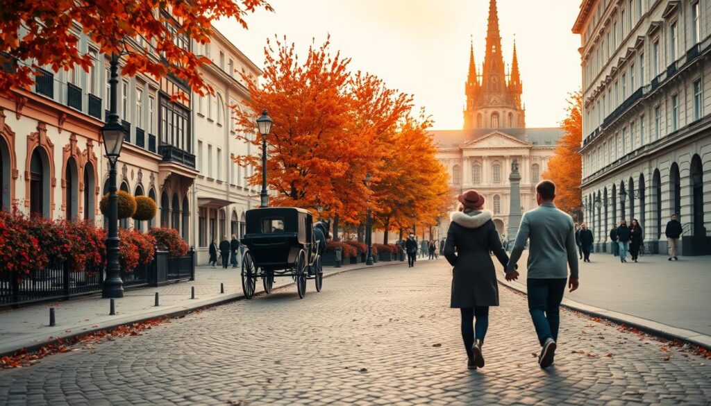 A romantic autumn scene in Vienna, Austria. In the foreground, a couple strolls hand-in-hand along a cobblestone street, admiring the vibrant orange and red leaves that decorate the historic buildings lining the road. In the middle ground, a horse-drawn carriage waits to whisk them away to their next destination, while in the background, the iconic spires of St. Stephen's Cathedral pierce the golden-hued sky. Warm, diffused lighting casts a soft glow over the entire scene, creating a cozy and intimate atmosphere perfect for a couple's getaway.