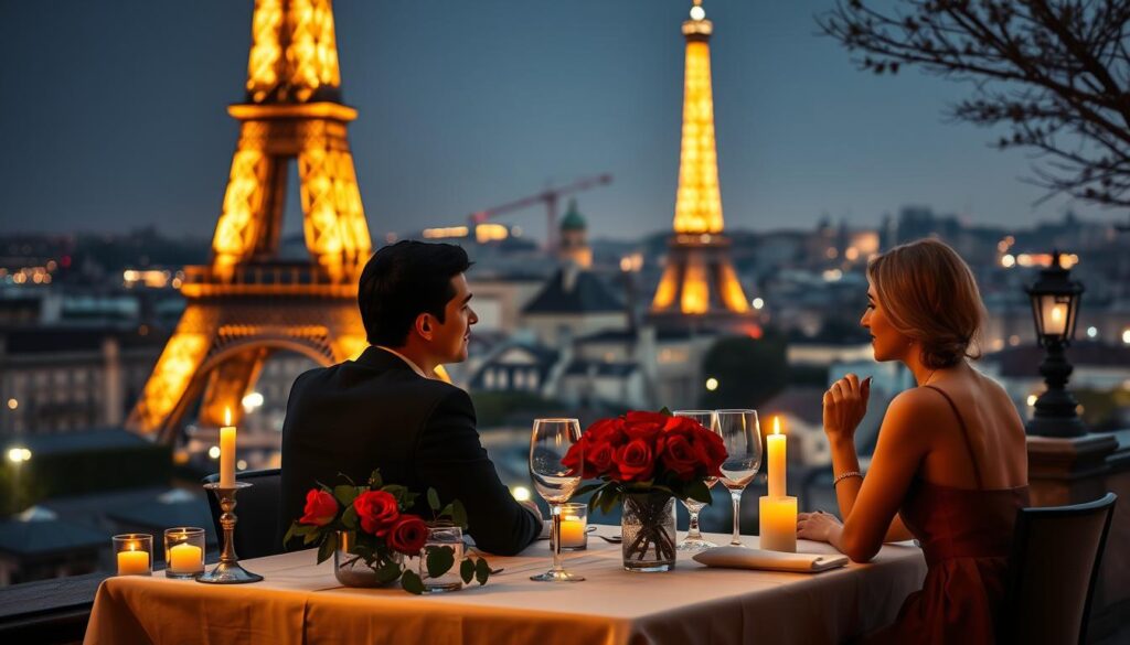 A romantic candlelit dinner in the heart of Paris, set against the backdrop of the iconic Eiffel Tower. The table is adorned with a crisp white tablecloth, a centerpiece of lush red roses, and delicate stemware. Soft ambient lighting casts a warm, intimate glow, creating a cozy and inviting atmosphere. In the foreground, a couple sits across from each other, engaged in intimate conversation, their faces aglow with the flicker of candlelight. The cityscape of Paris, with its charming cobblestone streets and historic architecture, fills the distant background, hinting at the romantic allure of the City of Love.
