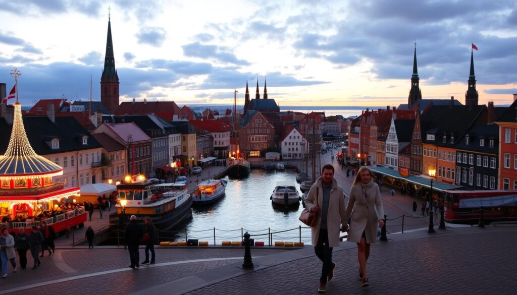 A romantic cityscape of Copenhagen at dusk, with the iconic spires of the Tivoli Gardens and the historic Nyhavn harbor in the foreground. Soft, warm lighting illuminates the cobblestone streets, where couples stroll hand-in-hand, taking in the charming, old-world atmosphere. In the middle ground, the picturesque canal is dotted with colorful wooden boats and lined with colorful, 17th-century townhouses. The background features the silhouettes of the city's ancient churches and the tranquil waters of the Øresund Strait. An air of cozy intimacy and Nordic serenity pervades the scene, creating the perfect setting for a couples' getaway.