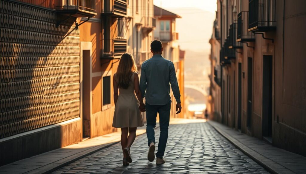 A romantic couple strolling hand-in-hand along a cobblestone street in the historic center of Porto, Portugal. The scene is bathed in warm, golden light filtering through the buildings, casting a cozy glow. In the background, iconic tiled facades and wrought-iron balconies line the street, creating a charming, timeless ambiance. The couple pauses to admire the views of the Douro River and the iconic Dom Luis I Bridge in the distance. Soft focus and a shallow depth of field emphasize the intimate connection between the two figures, highlighting the romance and tranquility of the moment.
