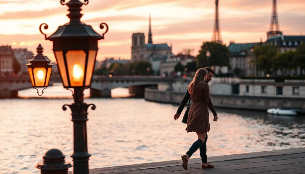 A romantic couple strolling hand-in-hand along the Seine River in Paris, their silhouettes illuminated by the warm glow of the setting sun. In the foreground, a picturesque streetlamp casts a soft, amber light, while in the middle ground, the iconic Notre-Dame Cathedral stands tall against the vibrant, pastel-hued sky. The background features the charming Parisian rooftops and the distant Eiffel Tower, creating a quintessential Parisian atmosphere of love and enchantment.