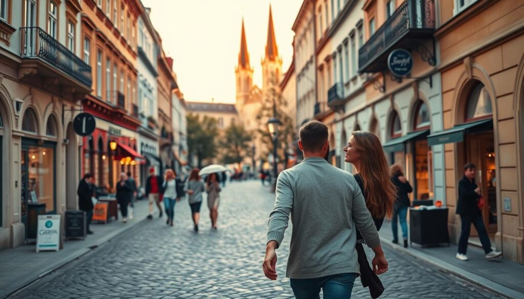 A romantic couple strolling hand-in-hand along the cobblestone streets of Zagreb, the charming capital of Croatia. In the foreground, the pair admire the elegant Austro-Hungarian architecture, their expressions alight with wonder. The middle ground features bustling cafes and boutiques, people enjoying the vibrant city life. In the distance, the iconic spires of the Zagreb Cathedral tower over the scene, casting a warm, golden glow in the soft afternoon light. The mood is one of urban sophistication and timeless European charm, perfectly capturing the essence of a day spent exploring Croatia's captivating capital with a loved one.