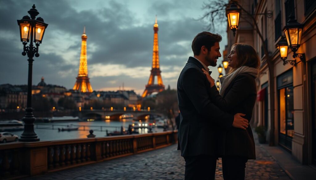 A romantic evening in Paris, the City of Light. In the foreground, a couple embraces on a cobblestone street, gazing into each other's eyes under the warm glow of vintage streetlamps. In the middle ground, the iconic Eiffel Tower stands tall, its soft illumination reflecting in the Seine river below. In the background, the historic buildings of Montmartre create a picturesque skyline, bathed in a dusky, golden hour palette. The scene exudes a timeless, dreamy atmosphere, capturing the essence of Paris as a timeless haven for amorous couples.