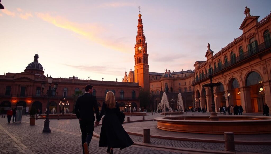 A romantic evening in Seville's picturesque Barrio Santa Cruz, with warm amber lighting casting a soft glow over a couple strolling hand-in-hand along the cobblestone streets. In the background, the imposing Seville Cathedral rises majestically, its towering Giralda minaret silhouetted against a dusky, pastel sky. The pair pause to admire the ornate Moorish architecture and fountains of the charming Plaza de los Naranjos, lost in the intimate ambiance of this Andalusian gem.