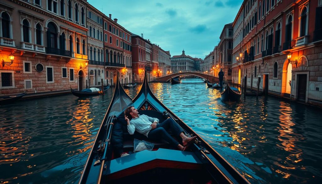 A romantic evening in Venice, Italy. The historic Venetian canals are illuminated by the warm glow of street lamps, reflecting on the calm, mirror-like waters. A classic Venetian gondola drifts gracefully, its curved wooden hull and ornate decorations capturing the timeless charm of the city. Two lovers sit close together, taking in the sights and sounds of their intimate waterway journey - the soft lapping of the waves, the distant melody of Italian music, and the occasional call of a gondolier. The surrounding buildings, with their iconic Venetian architecture, rise up on either side, creating a sense of tranquility and old-world romance. Warm, golden lighting casts a dreamy, cinematic atmosphere over the scene, evoking the essence of "la dolce vita" in this most picturesque of Italian destinations.