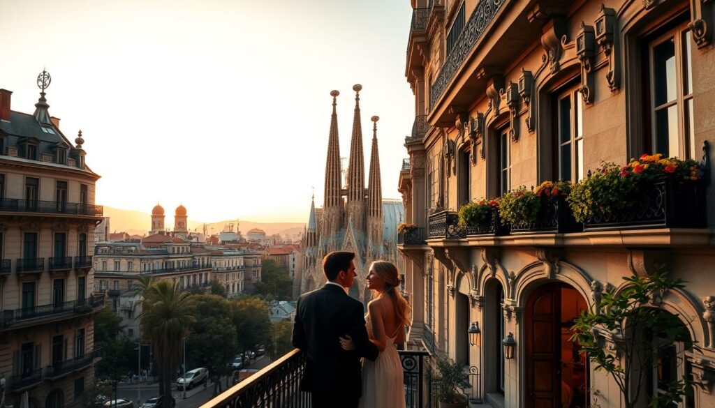 A romantic hotel in Barcelona, Spain, set against the backdrop of the iconic Sagrada Familia cathedral. In the foreground, a cozy balcony overlooking the city, with a couple embracing and gazing out at the stunning architecture. Soft, warm lighting filters through the windows, creating a cozy, intimate atmosphere. The middle ground features the hotel's elegant, historic facade, with intricate stone carvings and wrought-iron details. In the distance, the towering spires of the Sagrada Familia rise majestically, bathed in the golden glow of the setting sun. An air of urban sophistication and passionate romance permeates the scene.