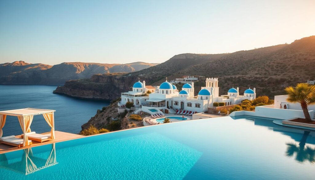 A secluded and tranquil adults-only resort nestled among the picturesque Greek islands. In the foreground, a serene infinity pool overlooking the shimmering Aegean Sea, surrounded by luxurious cabanas and sun loungers. In the middle ground, a cluster of whitewashed villas with charming blue-domed roofs, reflecting the vibrant local architecture. The background is dominated by rugged cliffs and lush, verdant hills, creating a sense of seclusion and privacy. The scene is bathed in warm, golden afternoon light, casting a romantic and peaceful ambiance. The overall atmosphere evokes a feeling of relaxation, indulgence, and an escape from the everyday.