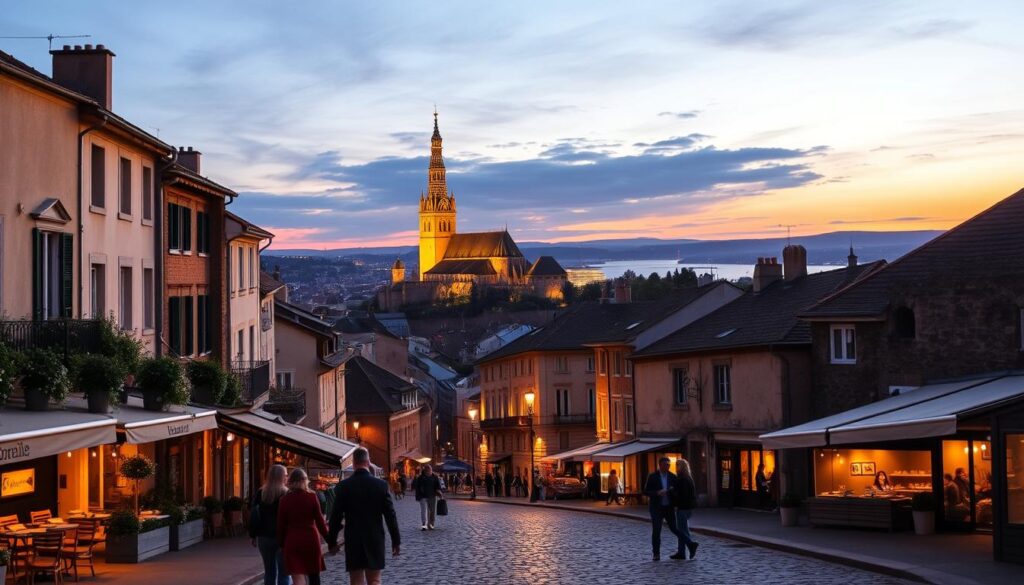 A serene European city at dusk, bathed in warm, golden light. In the foreground, a picturesque cobblestone street lined with charming cafes and quaint shops. Couples stroll hand-in-hand, admiring the architecture and atmosphere. In the middle ground, a historic cathedral or castle rises majestically, its spires and turrets silhouetted against a glowing, romantic sky. In the background, the faint outline of rolling hills or a tranquil river completes the idyllic, dream-like scene. The overall mood is one of timeless elegance, enchantment, and the irresistible allure of a European getaway.