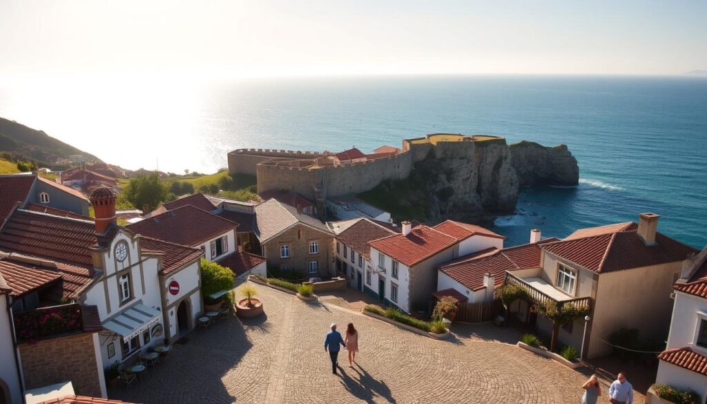A serene coastal village in Portugal, nestled between rolling hills and the sparkling azure waters of the Atlantic. In the foreground, a charming cobblestone square is dotted with quaint cafes and colorful bougainvillea-draped buildings. Couples stroll hand-in-hand, basking in the warm Mediterranean sun. In the middle ground, a historic castle stands guard, its weathered stone walls casting long shadows across the tranquil scene. In the distance, rugged cliffs plunge into the waves, their craggy outlines silhouetted against a soft, golden sunset. The atmosphere is one of timeless romance, enchantment, and the captivating allure of Portugal's most enchanting destinations.